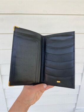 Vintage Gucci Black Leather Long Wallet with Gold Corner Accents